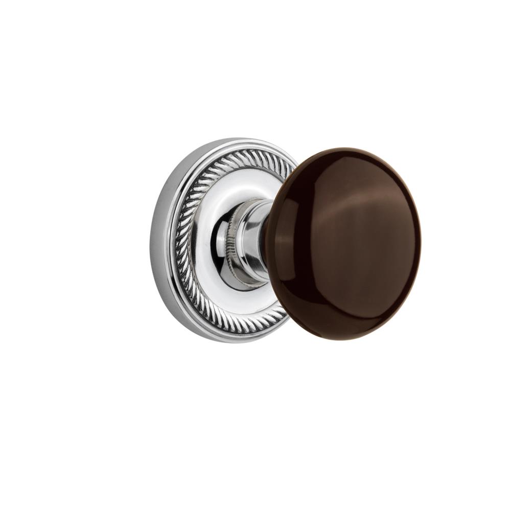 Nostalgic Warehouse ROPBRN Passage Knob Rope Rose with Brown Porcelain Knob in Bright Chrome
